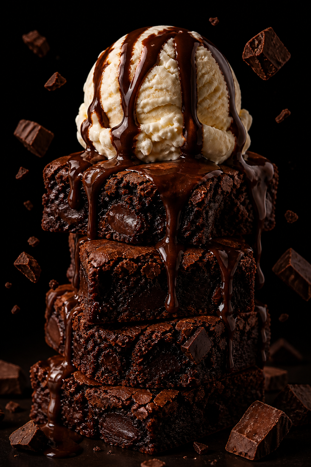 Chocolate brownie stack with ice cream and dripping sauce